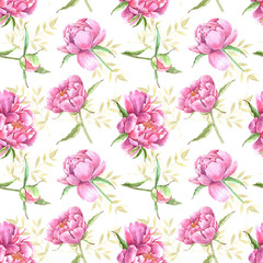 Obraz premium watercolor pattern of pink peony flowers on a white background