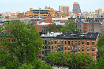 View of South Harlem and Morningside Park from Morningside Drive in Morningside Heights neighborhood of Manhattan, New York City, United States