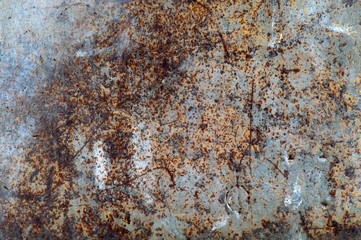grunge background: rough painted metal sheet with lots of rust stains, scratches