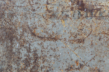 grunge background: rough painted metal sheet with lots of rust stains, scratches