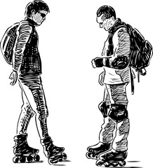 Sketch of two citizens on roller skates stopping and talking