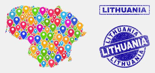 Vector colorful mosaic Lithuania map and grunge stamps. Flat Lithuania map is created from randomized colorful navigation symbols. Stamps are blue, with rectangle and round shapes.
