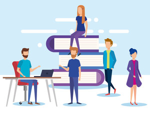 mini people with pile text books vector illustration