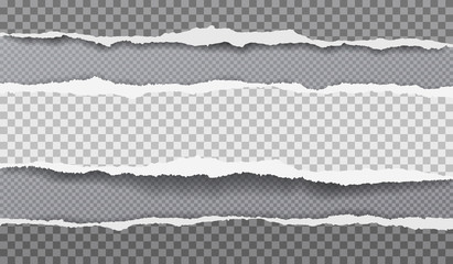 Piece of torn, squared note paper strips with soft shadow are on dark grey background. Vector illustration