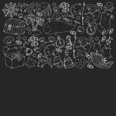 Ocean and sea for children. Pattern for boys. Pirate party. Cute fishes, animals, treasures. Kids vacation pattern, beach toys and elements.