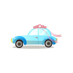 Side view of retro blue car with flowers and ribbon