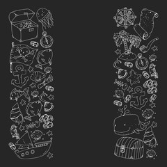 Ocean and sea for children. Pattern for boys. Pirate party. Cute fishes, animals, treasures. Kids vacation pattern, beach toys and elements.