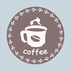 Round stamp with a cup of coffee with coffee bean and lace, vector illustration