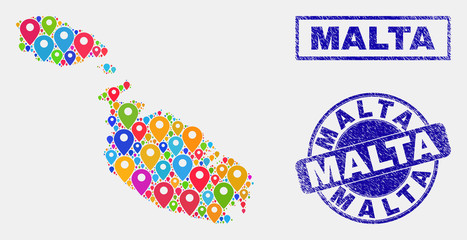 Vector bright mosaic Malta map and grunge seals. Flat Malta map is created from randomized colorful navigation pins. Stamp seals are blue, with rectangle and round shapes.