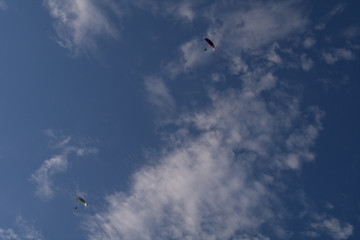 kite in the sky,motorized paraglider, flying, blue, clouds, fly, cloud,white, plane,air, freedom,