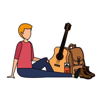 recommend clip art: young man with guitar and camping equipment