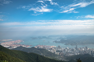 Panorama view of Shenzhen cityscape from top of Wutong Mountain