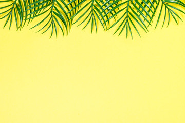 Fototapeta na wymiar Palm leaves on yellow top view.