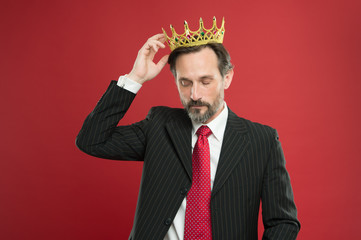Living life like big boss. Big boss wearing jewelry crown on red background. Powerful big boss with...