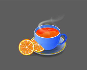 Isolated realistic image with hot steaming cup of tea and orange slices. food sign with isolated beautiful blue color little cup on the saucer.