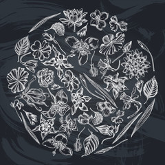 Round floral design with chalk ylang-ylang, impatiens, daffodil, tigridia, lotus, aquilegia