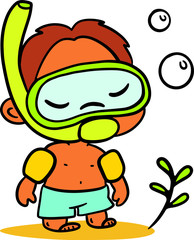 Cute Funny Little Boy with Arm Floaties and Swim Mask - Vector