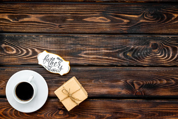 Happy Father Day with gift and coffee on wooden background top view mockup