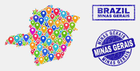 Vector colorful mosaic Minas Gerais State map and grunge stamp seals. Flat Minas Gerais State map is designed from random colorful site positions. Seals are blue, with rectangle and round shapes.