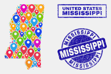 Vector bright mosaic Mississippi State map and grunge stamps. Abstract Mississippi State map is designed from random bright navigation markers. Stamps are blue, with rectangle and rounded shapes.
