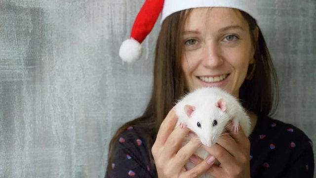 Woman in Christmas cap shows white rat to the camera