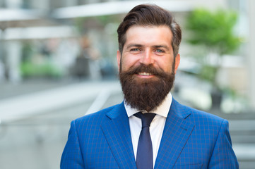 Fototapeta premium Man stylish businessman. Successful and motivated for success. Business man bearded wear fashionable suit. Businessman well groomed hairstyle beard. Business concept. Feel confident. Business life