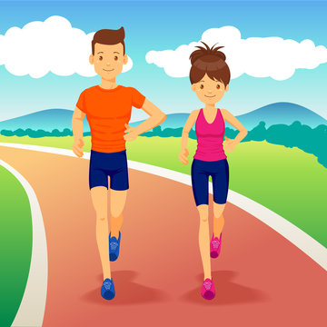 Young couple flat design running at the park