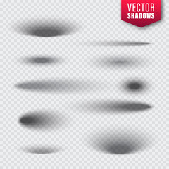 Vector shadows set on transparent background. Realistic isolated shadow. Vector illustration.