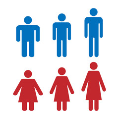 Icon is different shape and weight of men and women. Healthy weight, obese and tall people. Simple flat vector icons