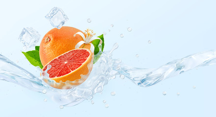 Fresh cold pure grapefruit flavored water wave splash. Fruit infused vitamin water or liquid fluid 3D wave splash with grapefruit design elements. Healthy flavored soft drink splash