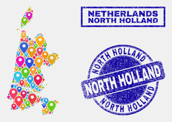 Vector bright mosaic North Holland map and grunge watermarks. Abstract North Holland map is created from randomized bright map locations. Stamp seals are blue, with rectangle and rounded shapes.