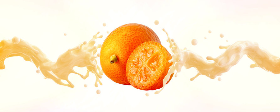 Delicious fresh kumquat fruit yogurt 3D splash wave with ripe kumquat and kumquat half. Label, banner advertising element with greek yogurt, cream, smoothie or milk, kumquats or kinkan.