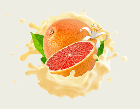 Delicious fresh grapefruit yogurt 3D splash wave with ripe grapefruit and  grapefruit cut. Label, banner advertising element with greek yogurt, cream, smoothie or milk, grapefruits