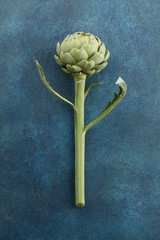 Fresh green artichoke with stem and leaves on aquamarine background, top view