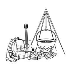 camping travel bag with woodfire and equipment