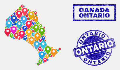 Vector colorful mosaic Ontario Province map and grunge stamp seals. Abstract Ontario Province map is created from randomized bright map pointers. Stamp seals are blue, with rectangle and round shapes.