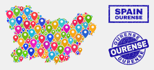 Vector bright mosaic Ourense Province map and grunge seals. Abstract Ourense Province map is created from scattered bright map pins. Stamp seals are blue, with rectangle and rounded shapes.