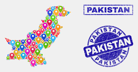 Vector bright mosaic Pakistan map and grunge watermarks. Flat Pakistan map is composed from random bright geo icons. Watermarks are blue, with rectangle and round shapes.