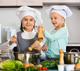 Two smiling girls cooking vegetable soup at home kitchen