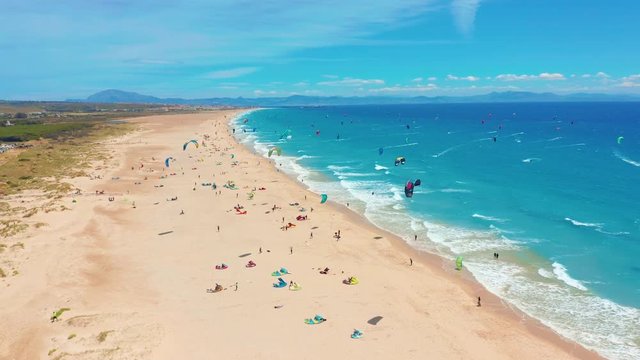 Aerial view of kitesurfing extreme sport with the wind freestyle. Beautiful top view of nice beach. Lots of kites.