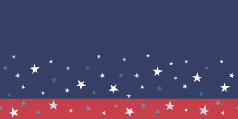 Patriotic scattered stars seamless border in red white and blue. Great for American holidays that honor Independence Day, Veterans, parades and celebrations. Banners, ribbon, graphic design uses.