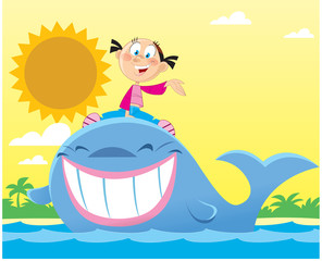 Vector illustration with a little, cartoon girl in the sea riding a big whale.