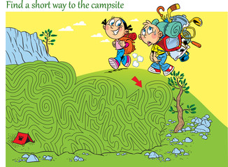 Obraz premium Puzzle with children who hike. You must find the right way in the maze and get to the camp.