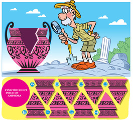 Vector illustration with a puzzle, on which it is necessary to help the archaeologist to find the correct detail of an old vase.