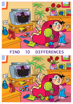 In vector illustration puzzle, in which children mischievous and play in the room. It is necessary to find ten differences in the pictures.