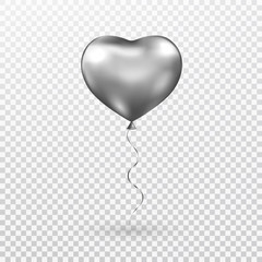 Obraz na płótnie Canvas Heart gray balloon on transparent background. Silver helium glossy balloon. Realistic foil baloon for party, Christmas, Birthday, Valentines day, Womens day, wedding. Vector illustration