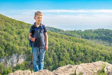 A boy traveler with trekking poles and a backpack stands on top of a mountain among green forest.