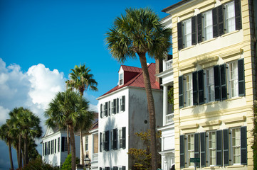 Brightly colored colonial architecture in the historical heart of Charleston, South Carolina, USA