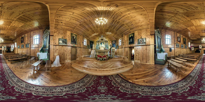 Full seamless spherical hdr panorama 360 in interior beautiful wooden catholic Church with icons on the walls in equirectangular projection. Photorealistic VR content