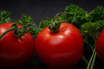 Organic Red Tomatoes on the vine and fresh Curly Parsley arranged on natural stone background....